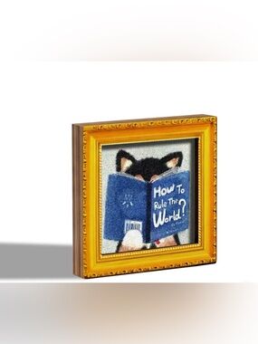 Mini Black Cat Reading Fridge Magnet Vintage Style Wooden Frame NIP